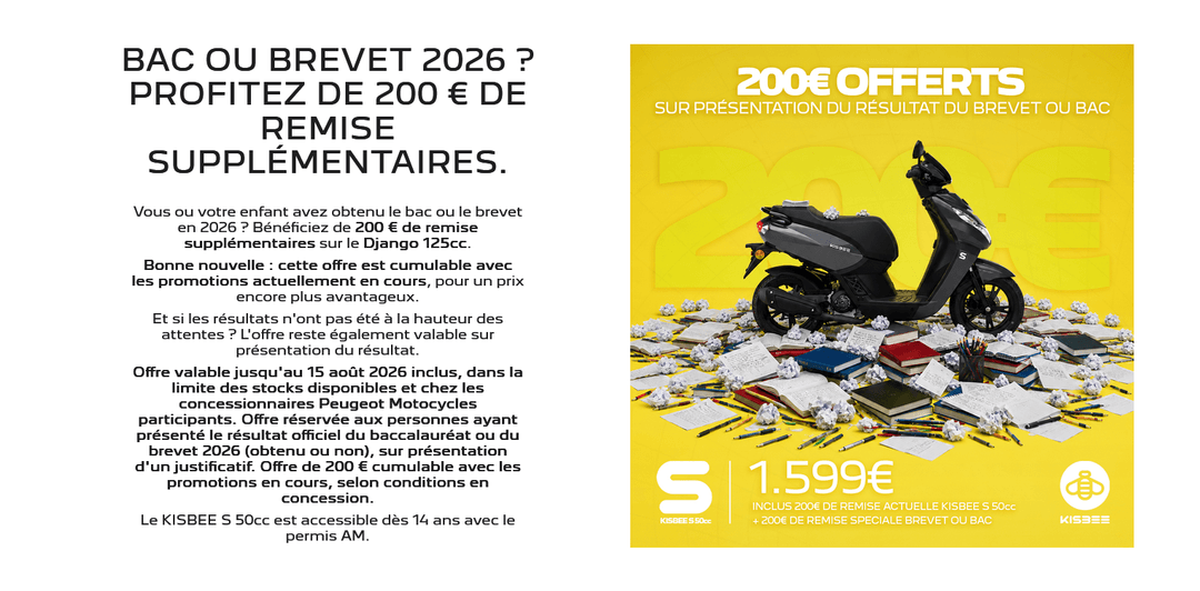 Un brevet, un Bac = -200€ sur ton scooter neuf 50cc ou 125cc